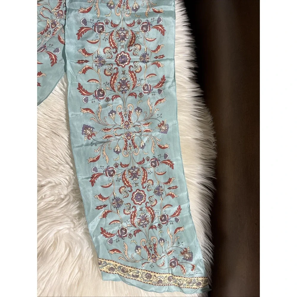 ginnie johansen 100% Silk Scarf Light Blue Floral Pattern Vintage Made In Japan